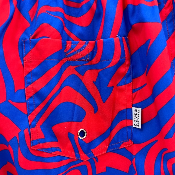 COVE, RED, LARGE BATHING SUIT/TRUNKS WITH BLUE STREAKS ALL OVER - Picture 10 of 16